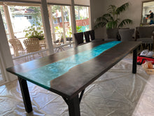 Load image into Gallery viewer, Epoxy river table, mounted to carbon steel legs
